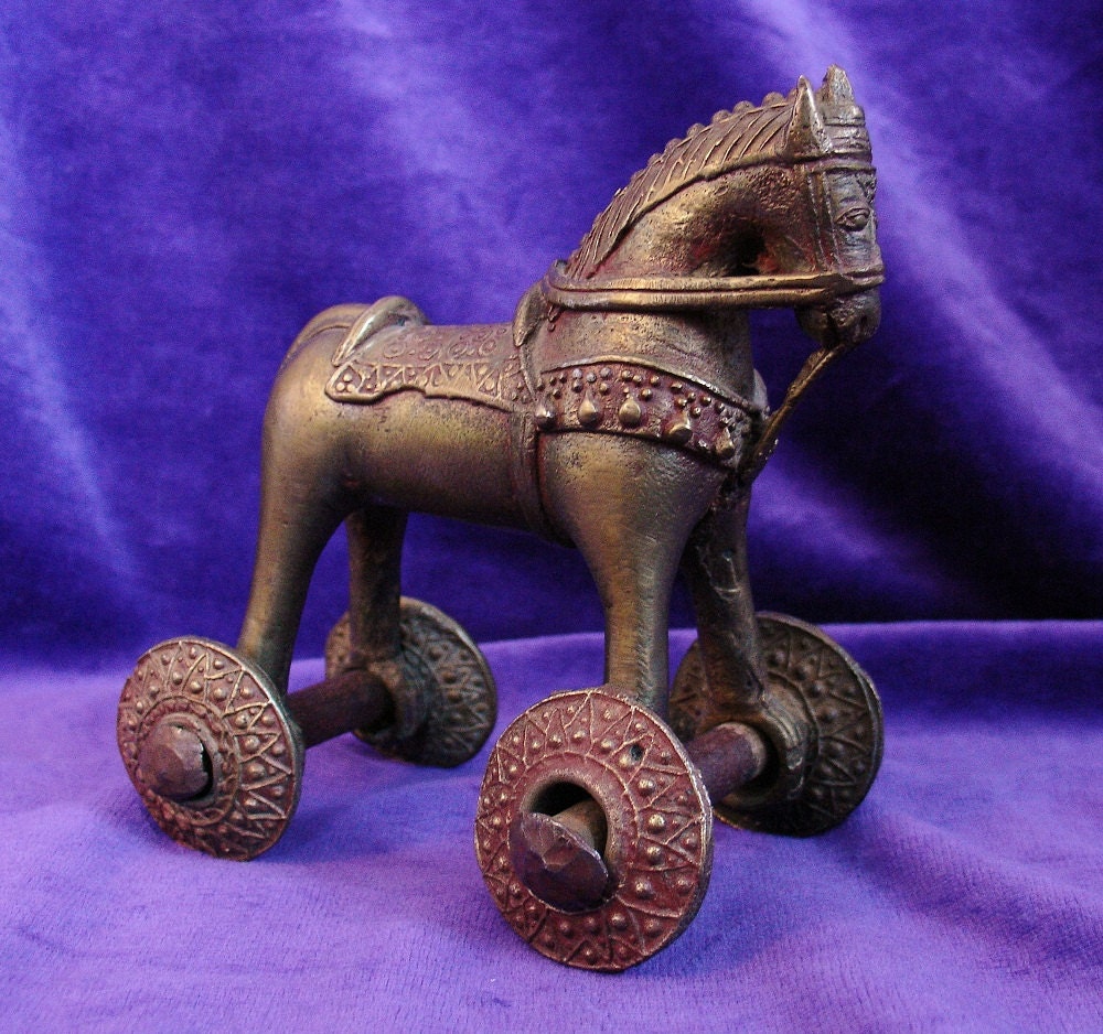 Antique Ethnic Brass Iron Toy Horse on Wheels