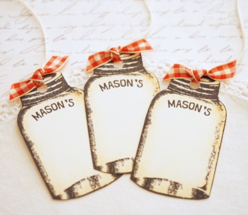 Mason Jar Gift Tags Vintage Style Canning Jar Tags Canned Food Labels Red Gingham Ribbon Food Gifts Weddings Christmas Food Baskets