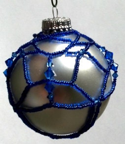 Beaded Ornament Cover - Butterfly Motif - Blue Beads on Silver Glass Ball