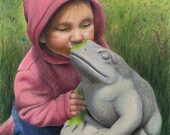 A little girl in pink kisses a stone garden frog, he starts to come to life - Art Reproduction (Print) - "You've Gotta Kiss a lot of Frogs" - CaryeVDPMahoney