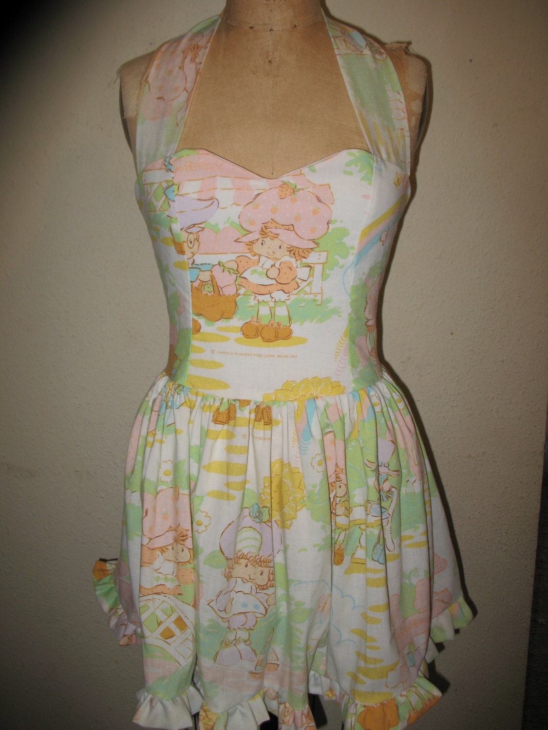 Custom Made to order Vintage Strawberry Shortcake fabric Upcycled SweetHeart Ruffled Halter Mini Dress