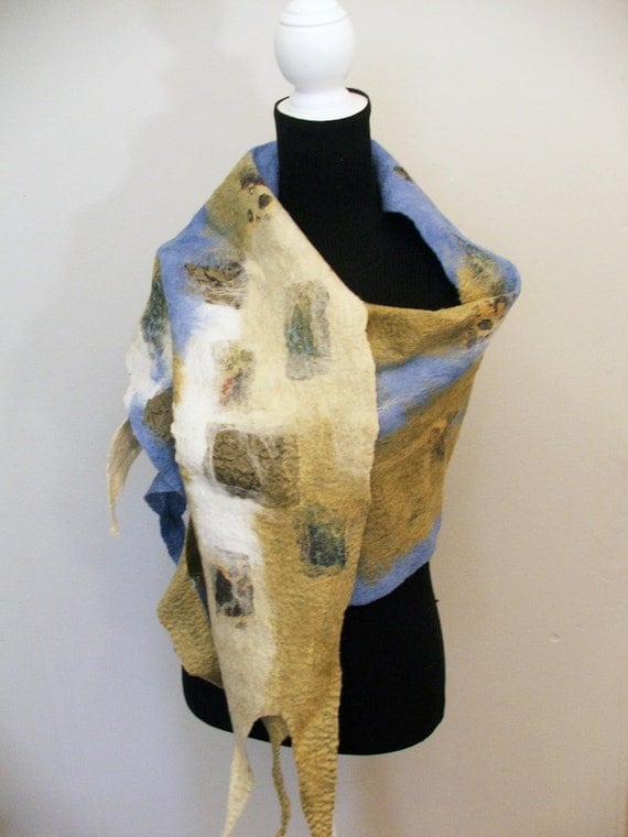 Winter City - Nuno Felted Scarf, OOAK, Art to Wear, Organic Natural Eco