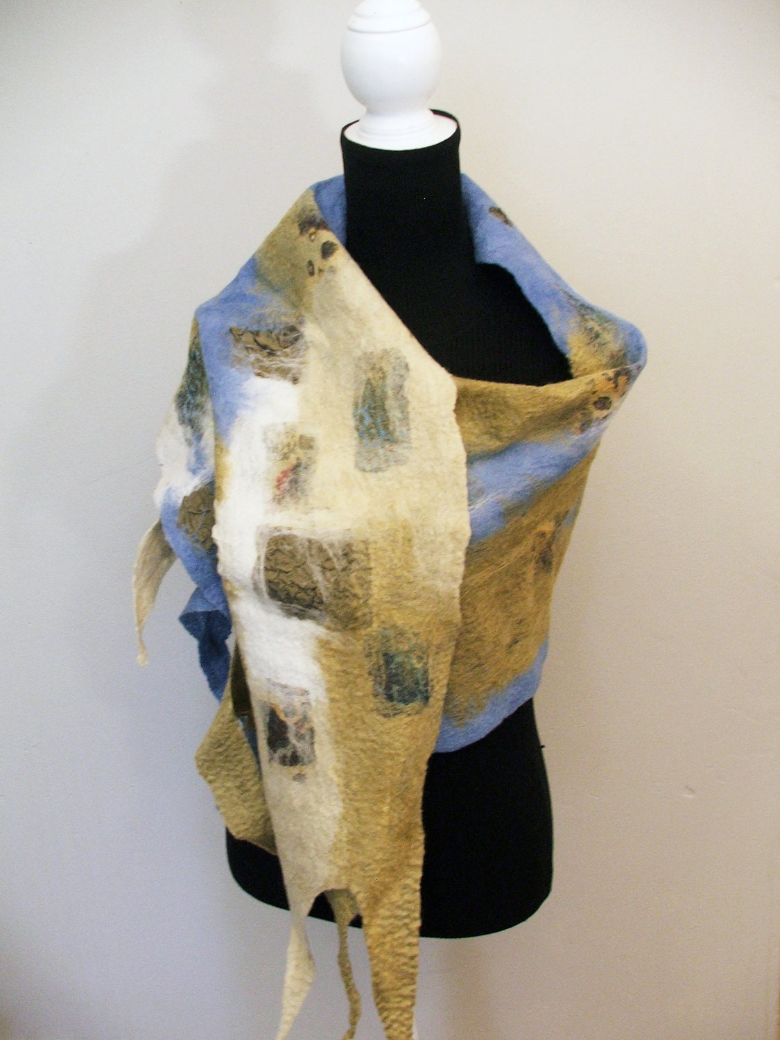 Winter City - Nuno Felted Scarf, OOAK, Art to Wear, Organic Natural Eco