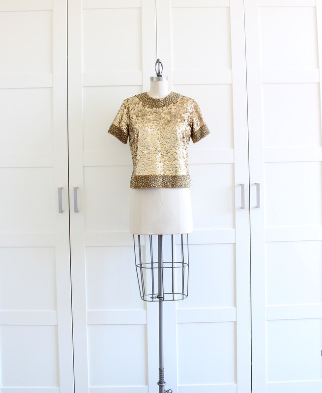1960s Gold Sequin Top, Vintage Sequin Blouse Sequin Jacket, Sequin Fashion Beaded Top, size Medium RESERVED