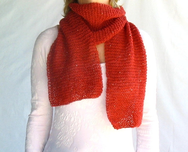 Long Loose Knit Scarf with beads in Chili Red