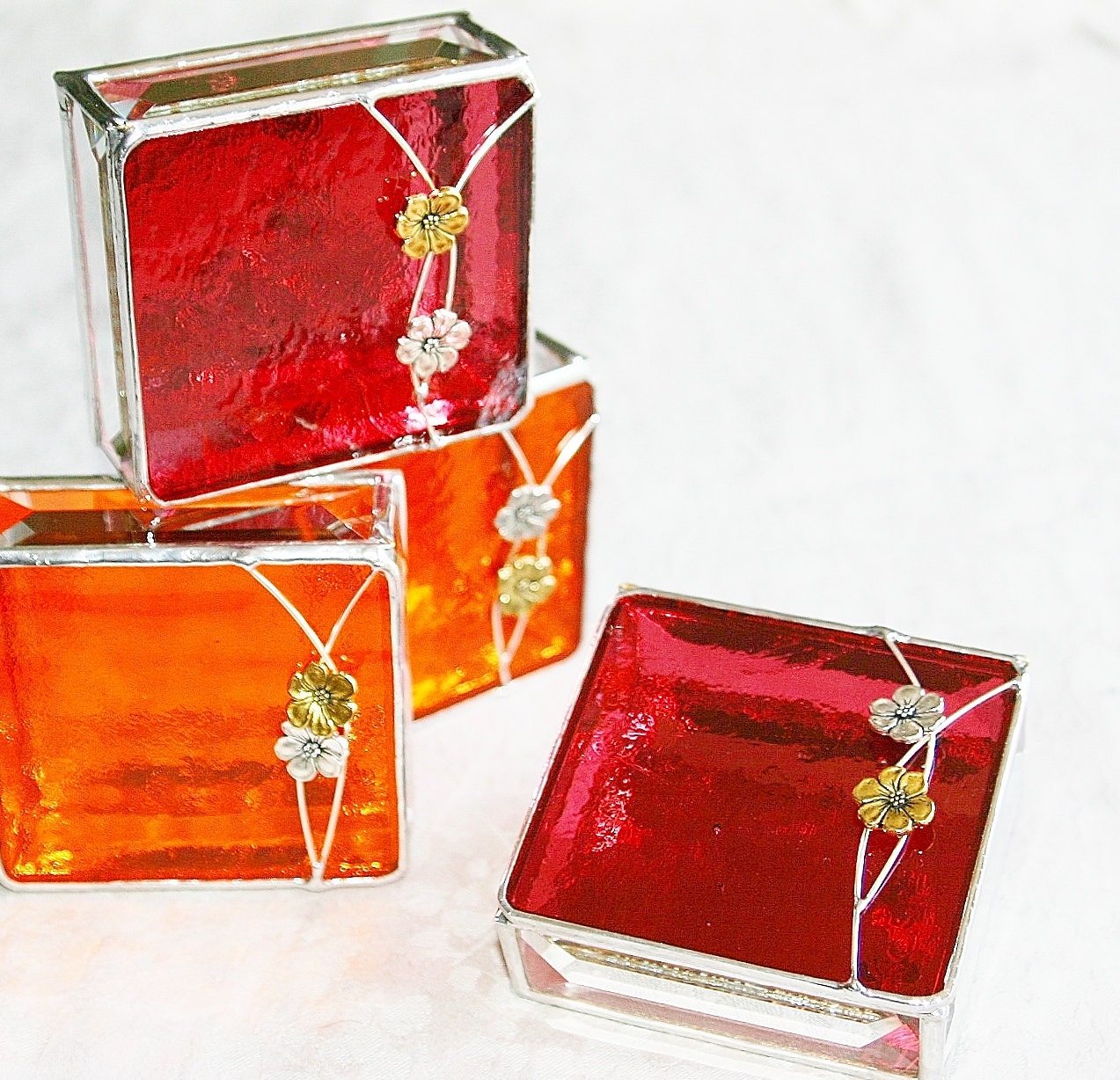Bridal Attendants Gifts Stained Glass Boxes Set of Four Fuschia Pink Tangerine Orange Made To Order Bridesmaid Gift Idea