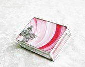 Stained Glass Box White Fuschia Pink Swirl 3x4 w/ Pewter-cast Filigree Butterfly Handmade OOAK