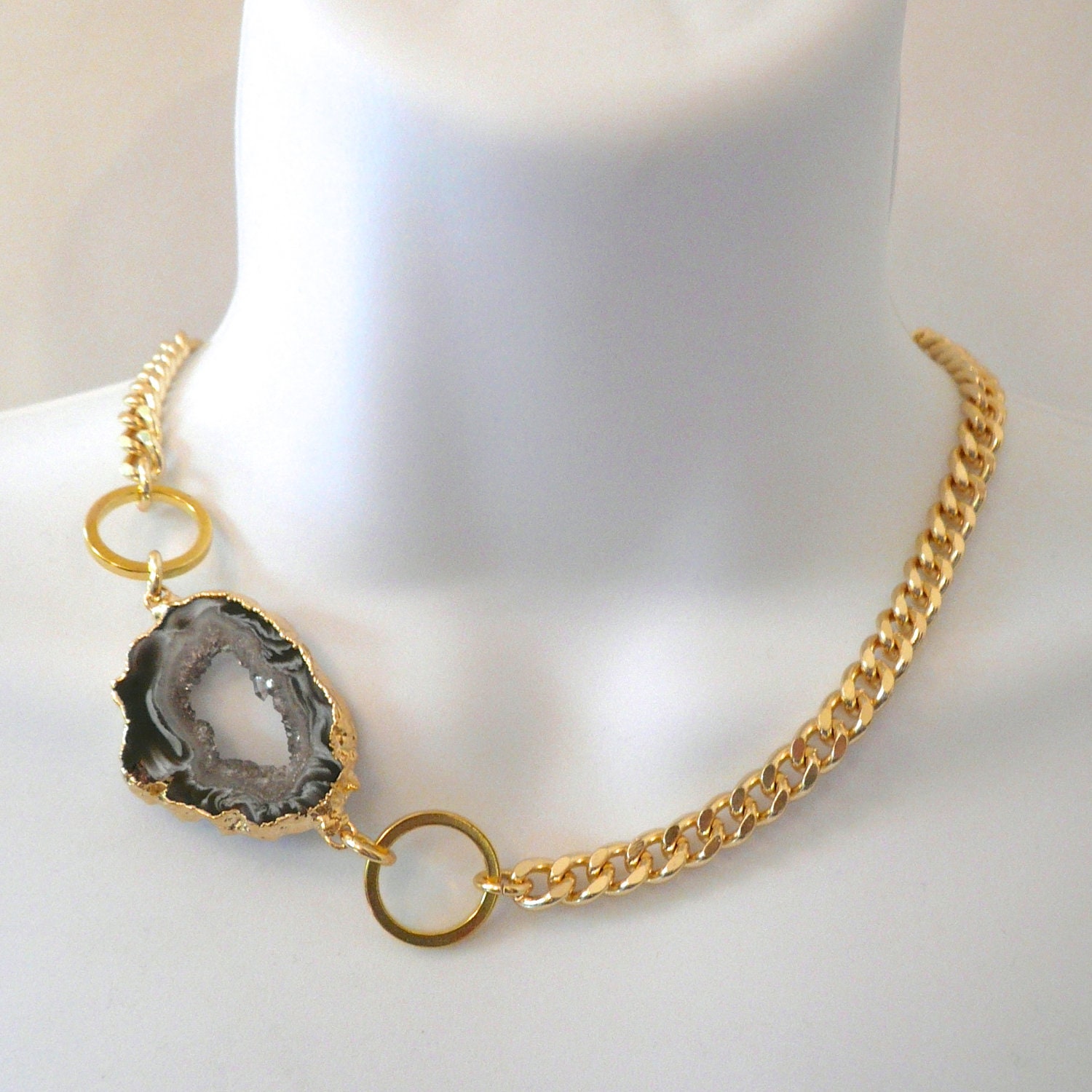 Gold Plated Druzy Agate & Gold Curb Chain Necklace
