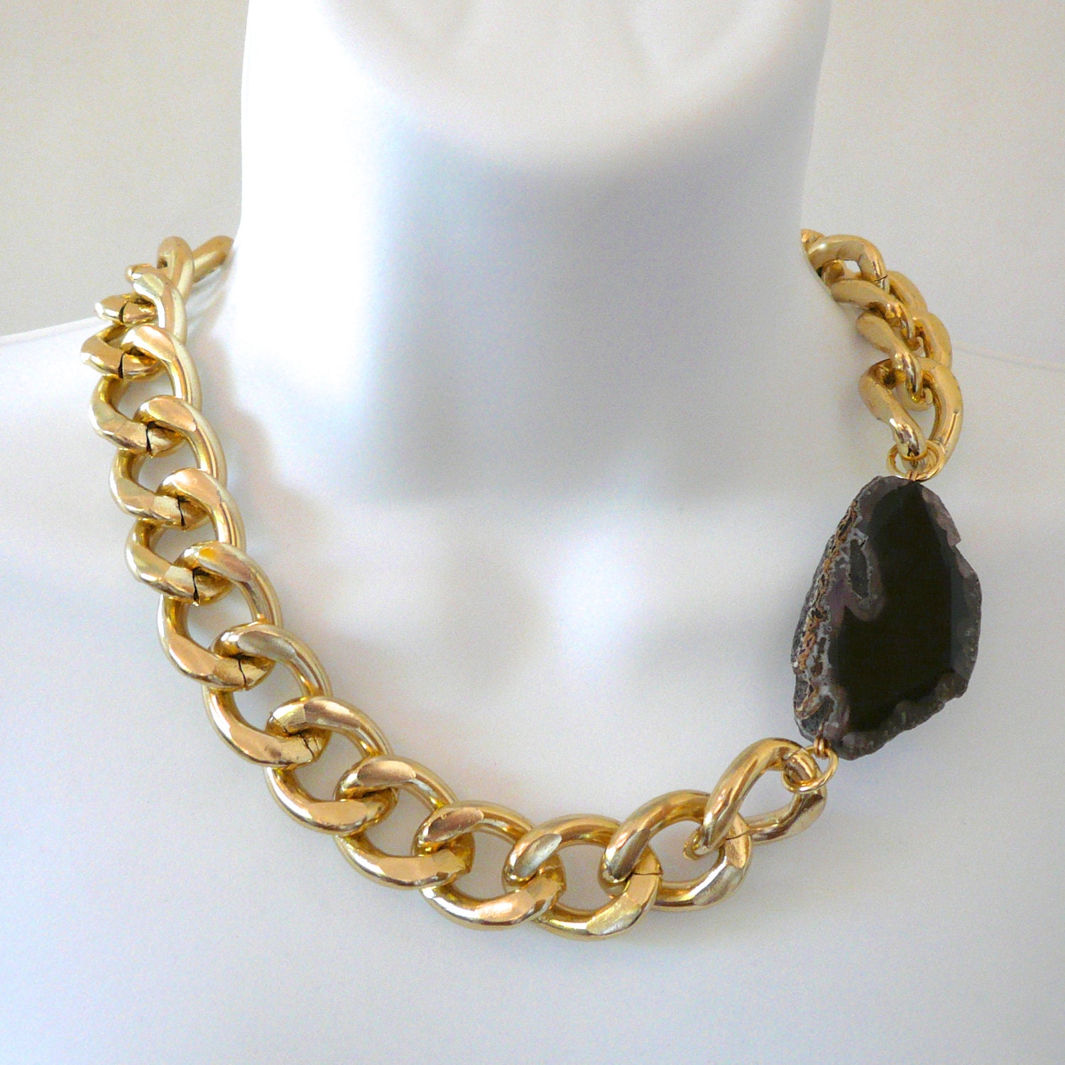 Chunky Gold Chain Link & Black Agate Necklace