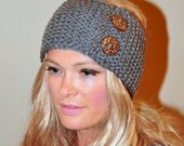 Earwarmer Buttons Head wrap WOOL Crochet Headband Ear warmer  Gray Grey Dark Gray Warm Hair Band Button Gift under 25
