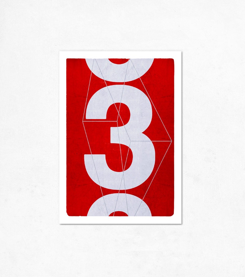 Big Number Three (red version) illustration print 8.27 x 11.70 (A4).
