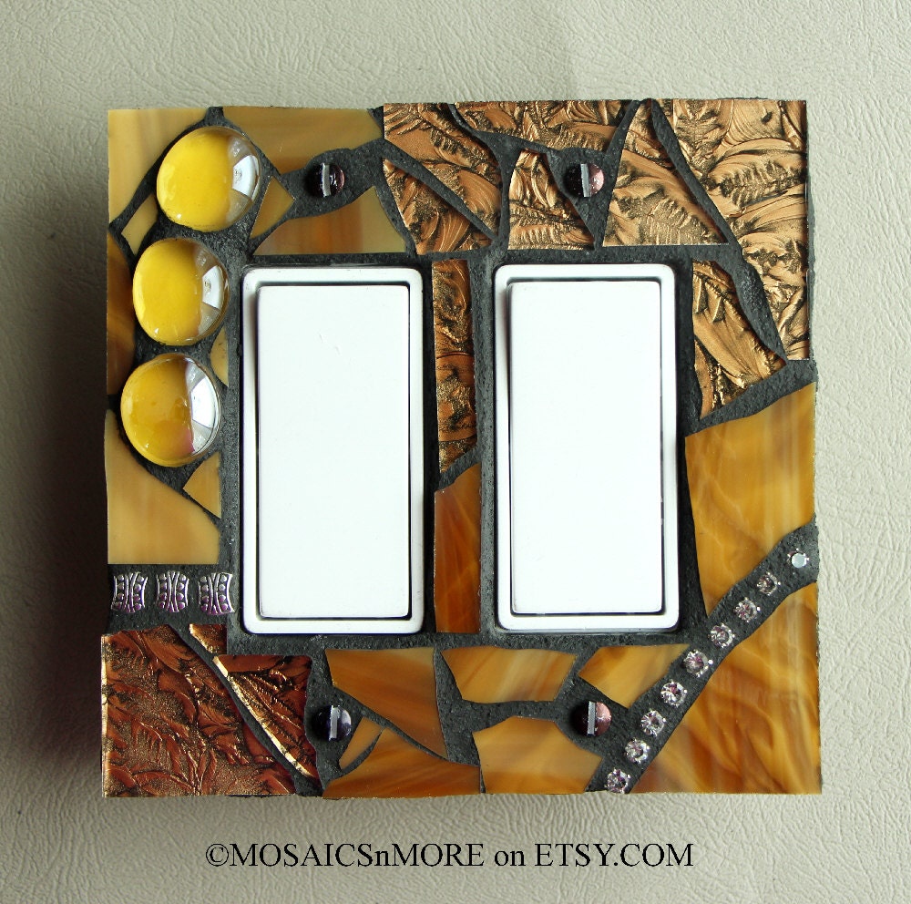 Golden Glamour  -  Handmade Double ROCKER Mosaic Light Switch Cover Wall Plate