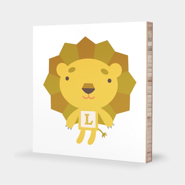 L for Lion : ABC Block Bamboo Wall Art Series // Alphabet Kids Wall Art Nursery Room Decor Animal Art  4 x 4