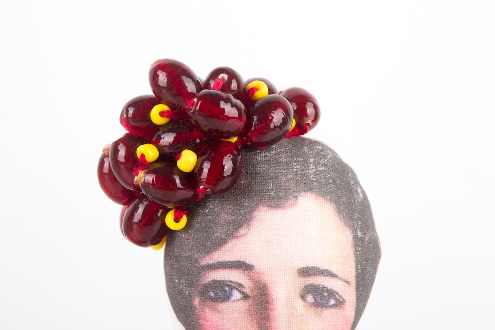 Mysterious lady Ooak art Doll Wearing Burgundy with pink Polka Dots dress,  Vintage Yellow and glass Maroon Beads hat  - handmade cloth doll
