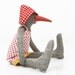 Gray bird Or maybe duck or a penguin from Woven silk with Dotted hat wearing a floral dress - handmade fabric doll