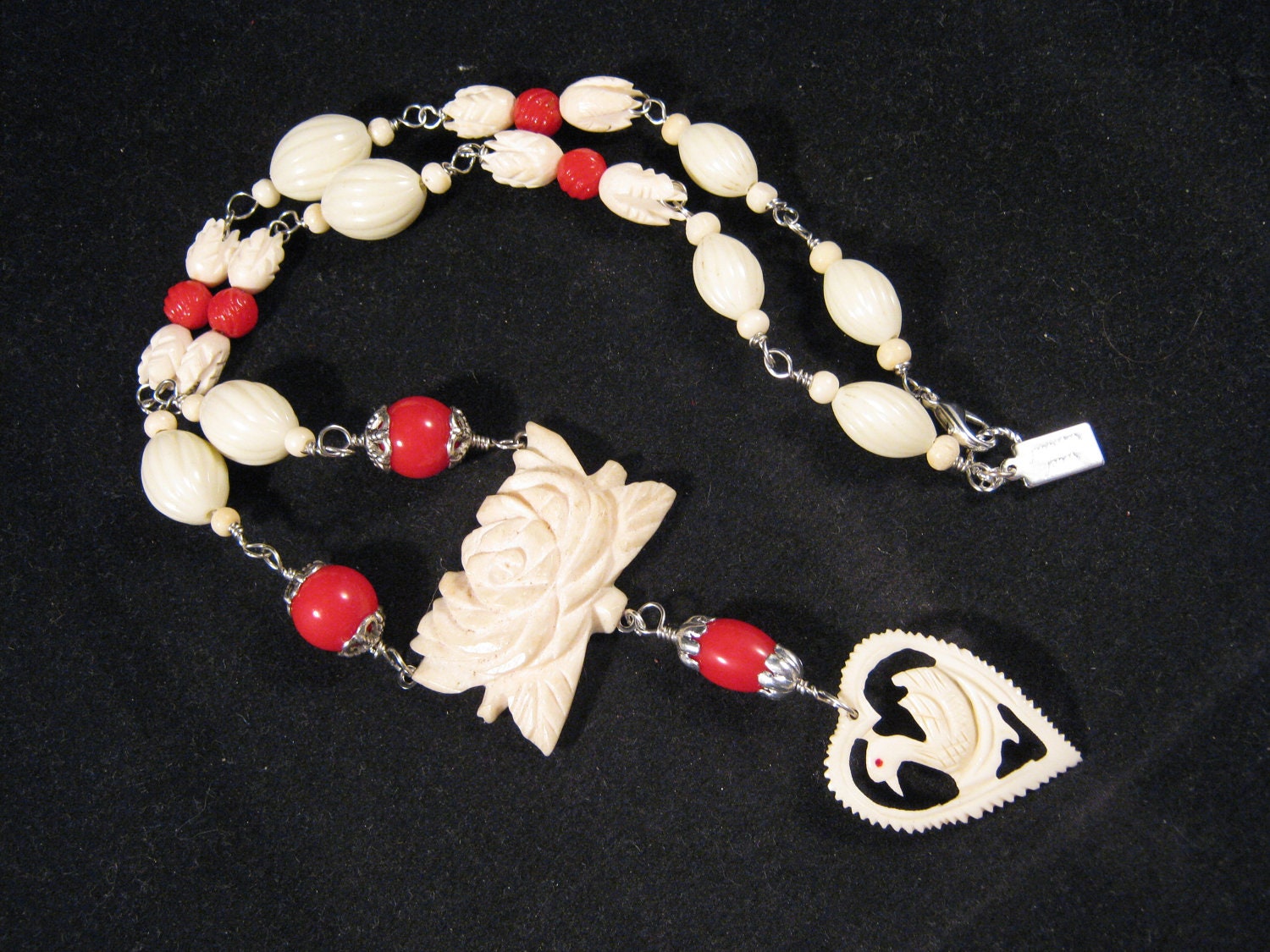 Statement Necklace, Vintage Celluloid, Reclaimed Vintage Jewelry, Ivory, Red, Heart, Charm Necklace, Repurposed Assemblage - Swan Lake