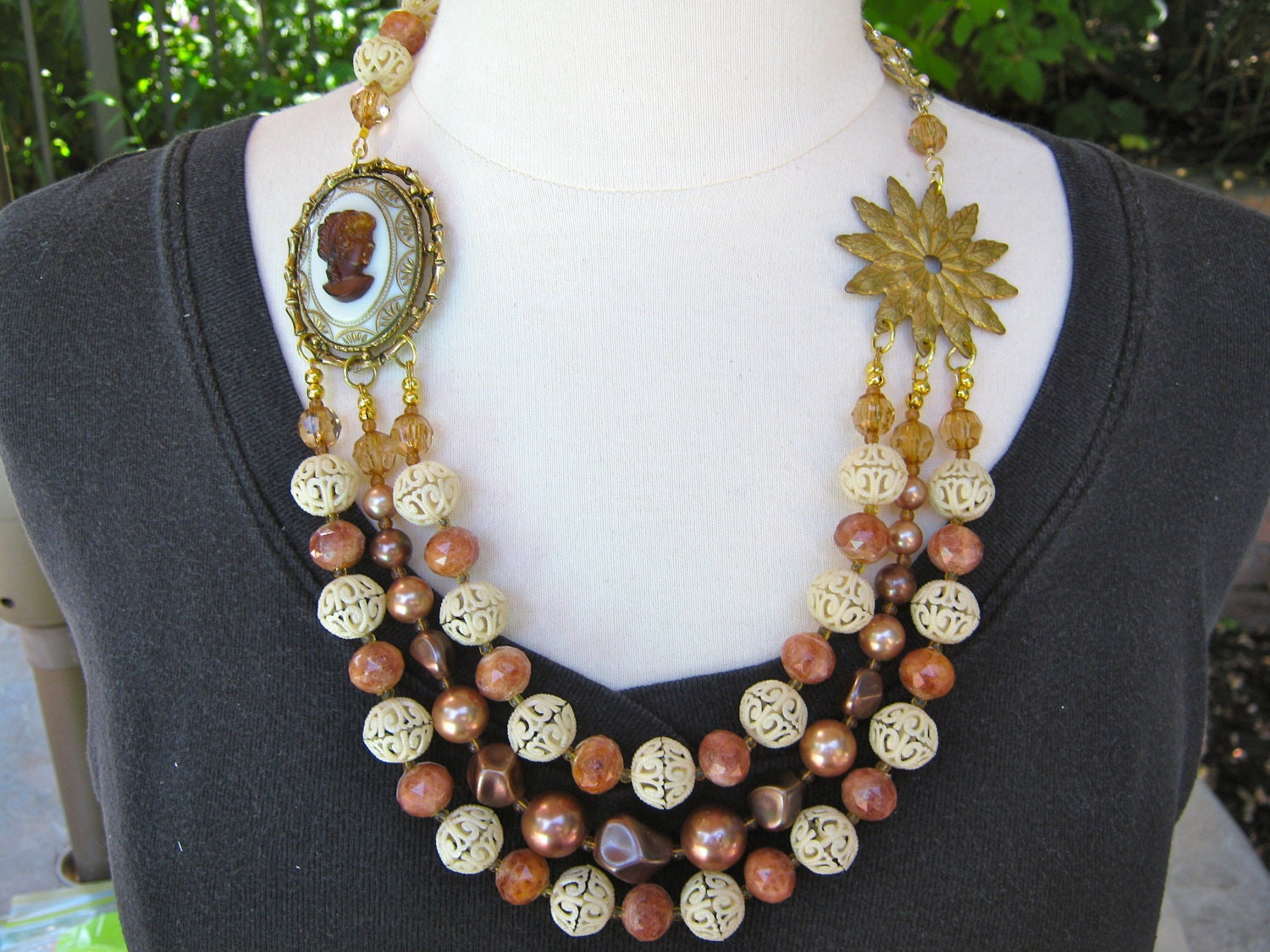 Vintage Cameo Necklace, Pearl and Crystal Statement Necklace - SALE - The Gilded Lady