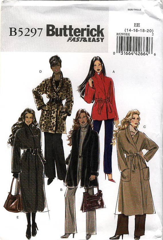 Butterick B5297 Misses' Jacket, Coat and Belt Sewing Pattern - Uncut - Size 14, 16, 18, 20 - Bust 36, 38, 40, 42