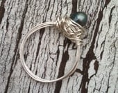 Deep Green Freshwater Pearl Wire Wrapped Ring