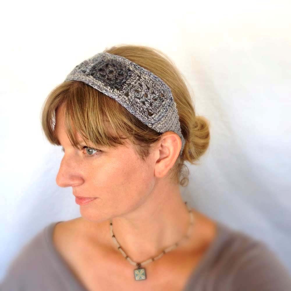 Boho Headband Knit Crochet Hairband in Wool Mix Grey & Slate Blues - Light Blue