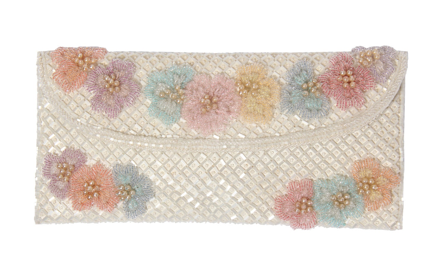 1960s White Floral Beaded Clutch Purse