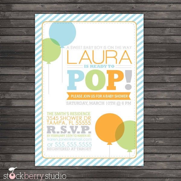 Ready to Pop Baby Shower Printable Invitation - Blue, Green, Gray and Orange Il_570xn