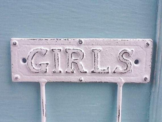White GIRLS Wall Hook - Distressed - Vintage Inspired Retro - Cast Iron - Shabby White -Sign- Towel Hanger - Rustic -Winter-Summer Decor