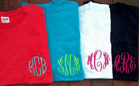 Personalized Monogrammed Pocket Tshirt Tee T Shirt Initials Lime Green, White, Coral, Navy, etc