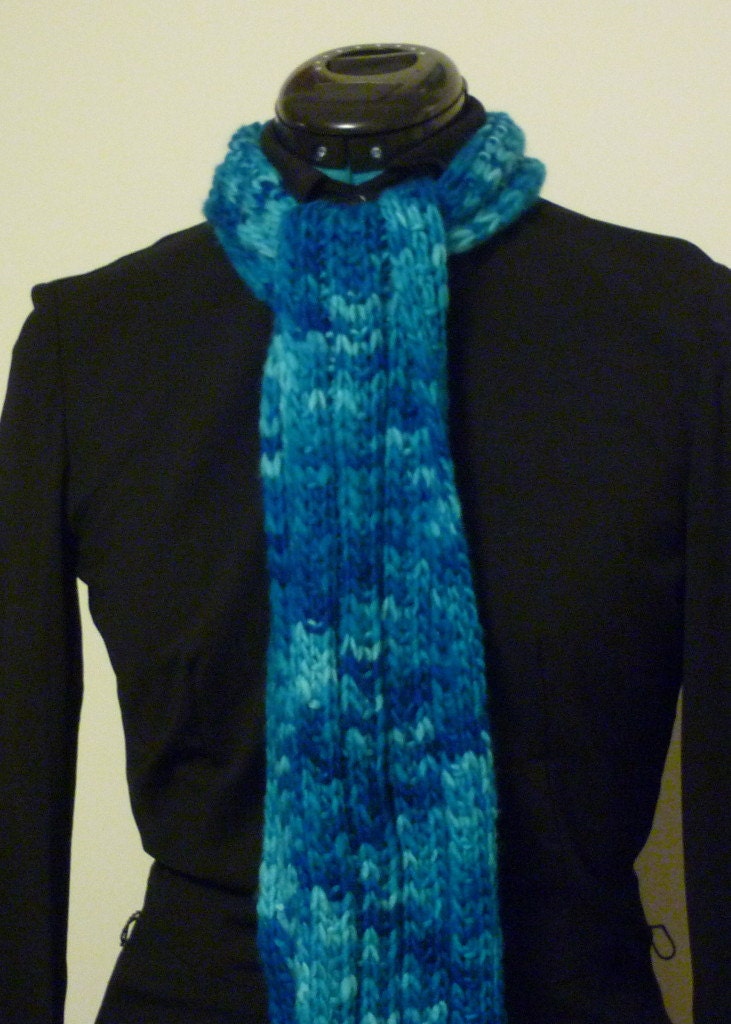 Blue wool scarf, hand-dyed washable merino, ribbed texture knit