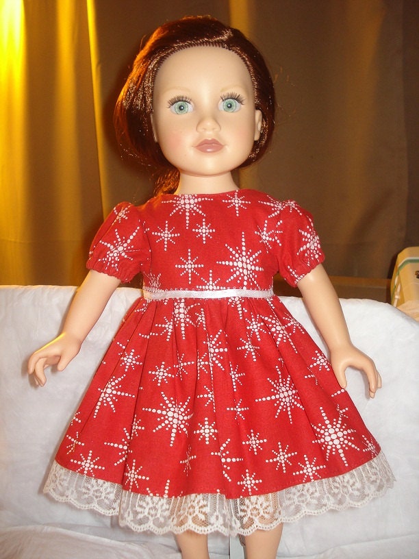 Holiday dress in red with white dotted snowflake print and lace trim American Girl Dolls - ag110