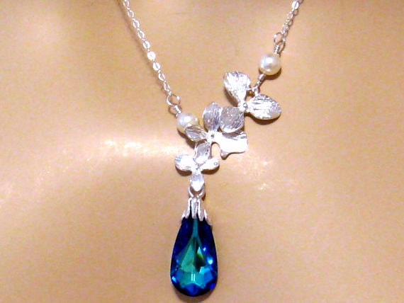 Romantic Blue Crystal Necklace: Triple Orchid Flower, Bermuda Blue Swarovski Crystal, Pearl Bridal Necklace, Elegant Bridal Wedding Jewelry