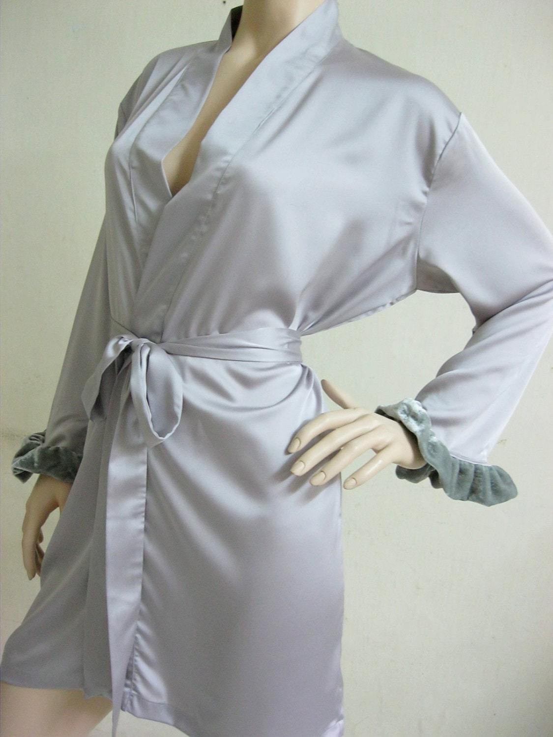 BIG SALE from USD 45 - Silk Satin Kimono Robe in Silver/Light Gray with velvet trim