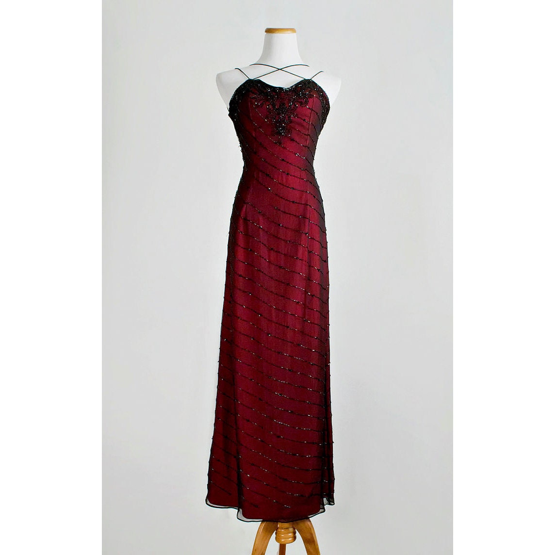 Vintage Burgundy Beaded Dress / 1980s Tiffany Black Silk Chiffon over Red Taffeta Evening Gown with Criss Cross Spaghetti Straps / SALE