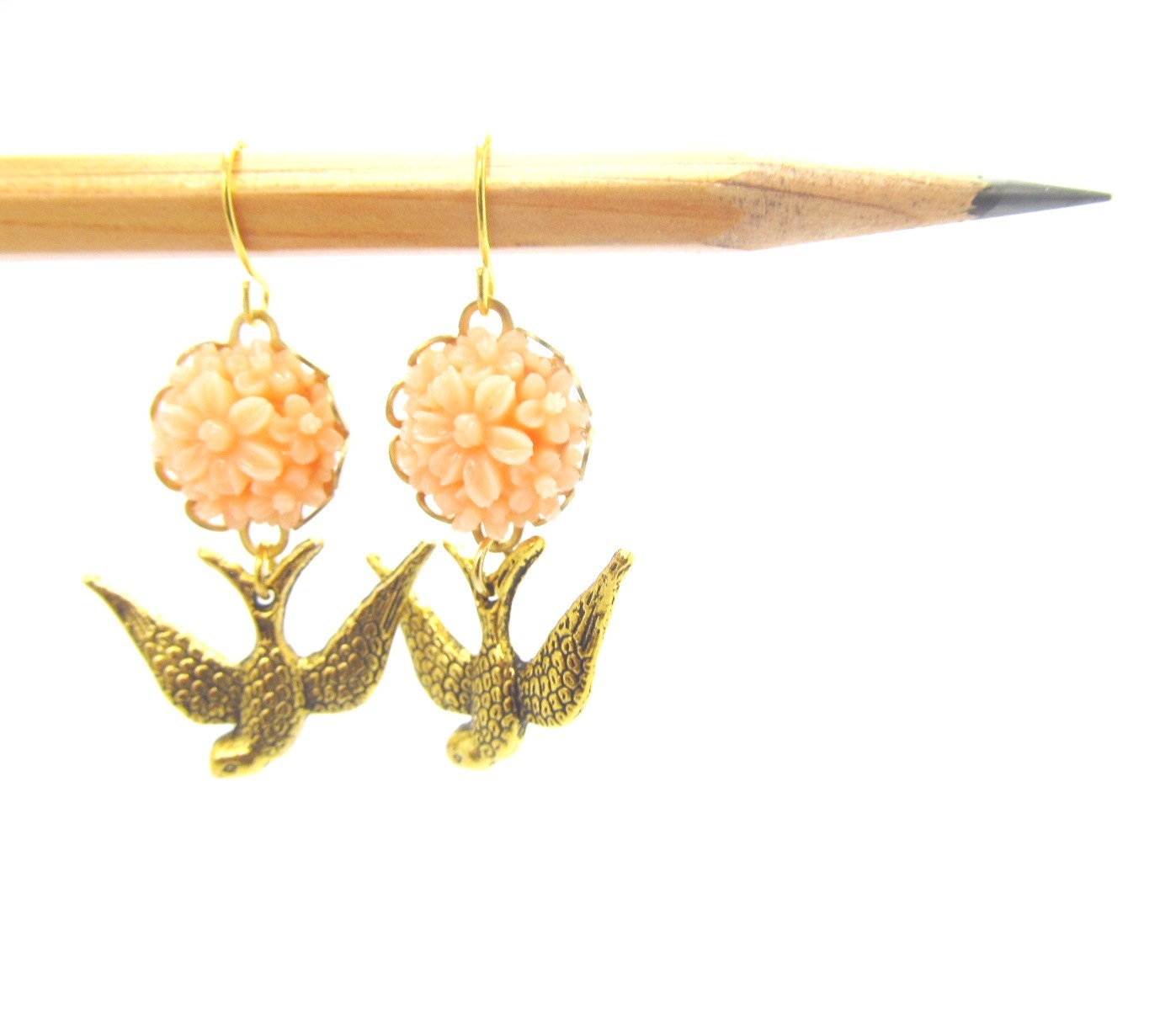 Brass Bird with coral peach resin flower  Earrings, adorable and pretty, great gift, , feminine pretty FREE SHIPPING