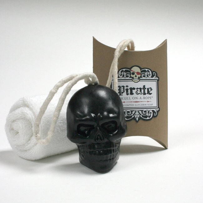 Pirate Skull-On-A-Rope - Black as a Pirates Heart Soap On A Rope Skull