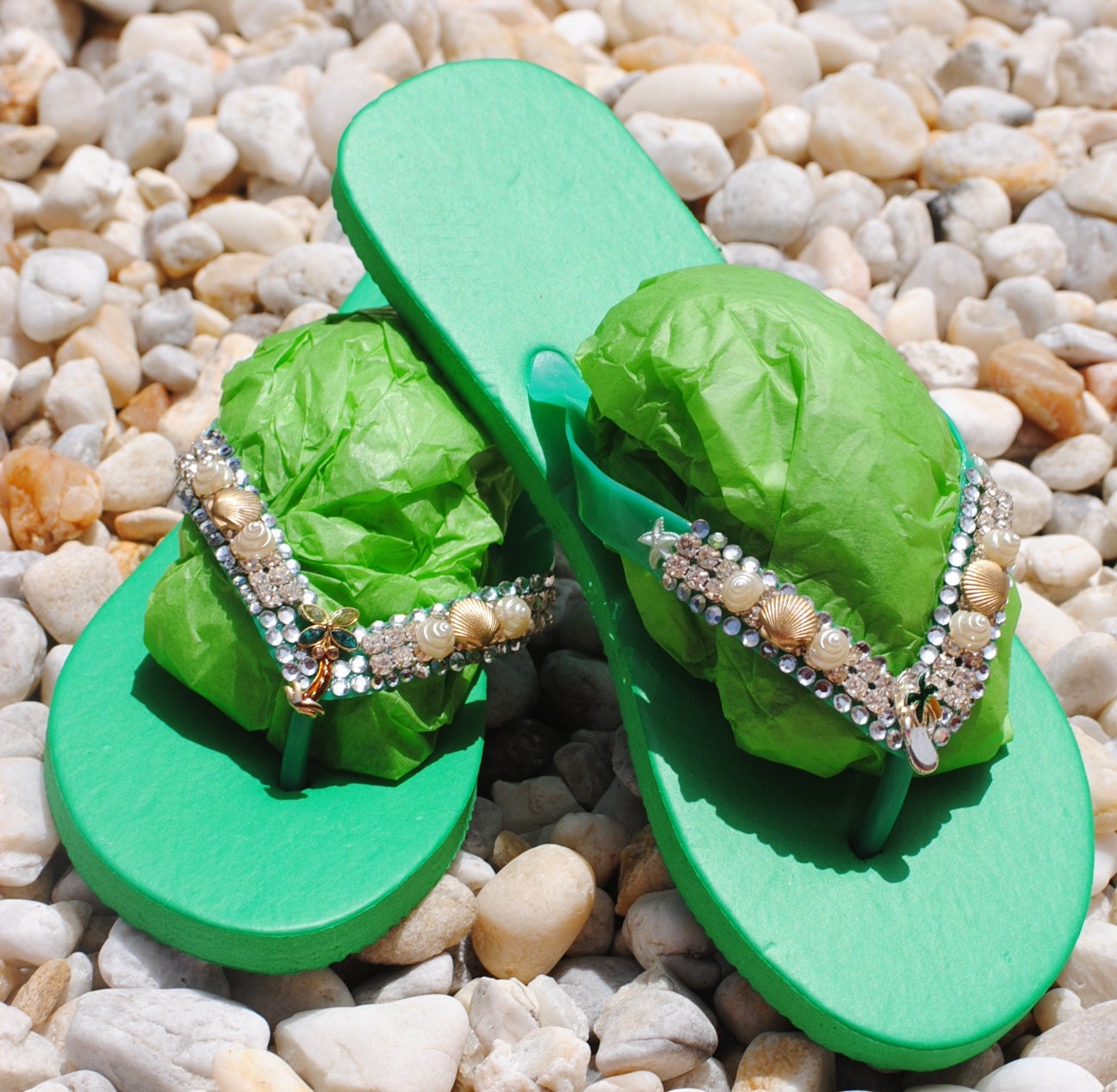 OOAK US 7/8 Beachy crystal blinged out, blingy Green Rhinestone Flip Flops