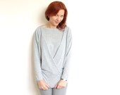 Womens boatneck top-  Silver wrap top- Bat sleeved pullover-  Shimmering sweater- Elegant chic top- Comfortable simple pullover