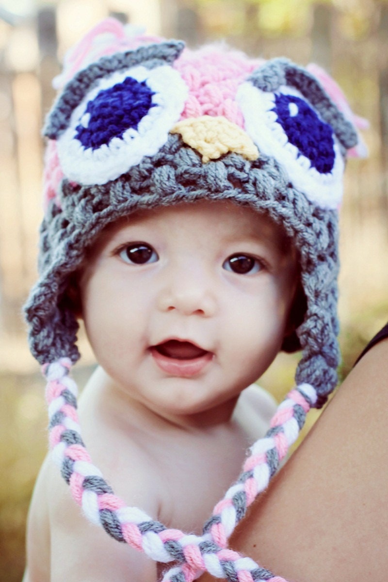 Crochet Owl Hat with Ear Flaps - MADE TO ORDER - Baby to Toddler Size