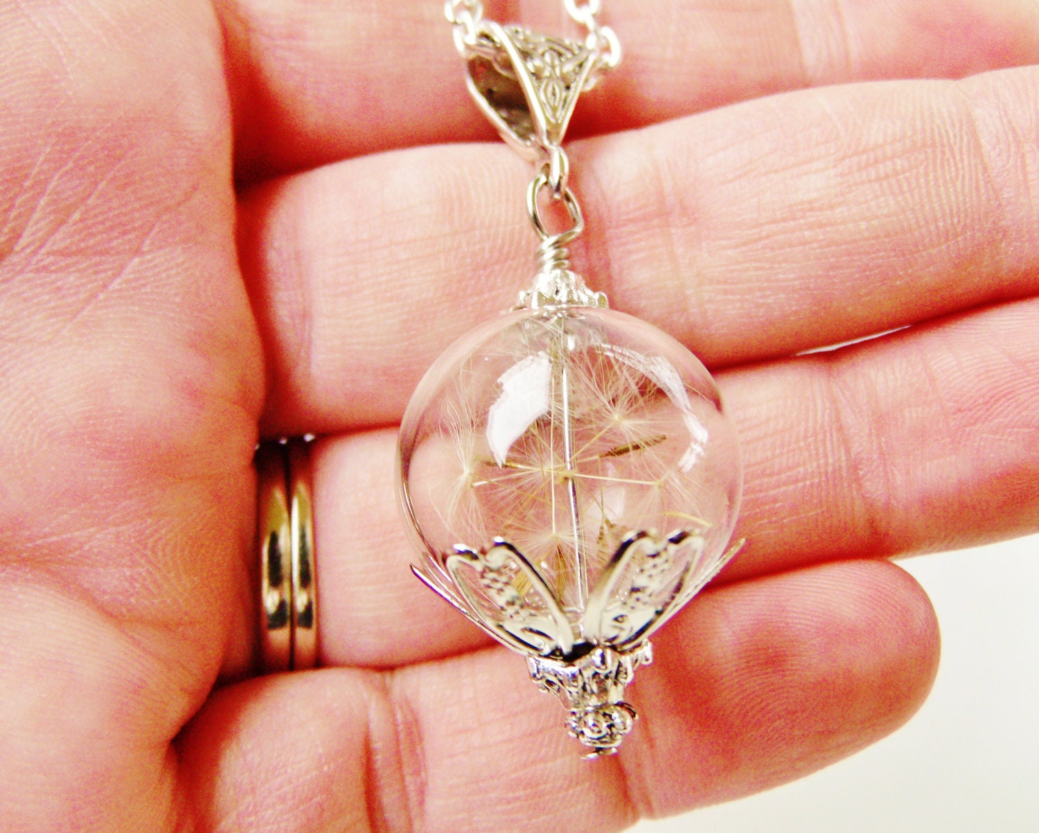 Real Dandelion Seed Glass Orb Necklace In Silver Small Orb