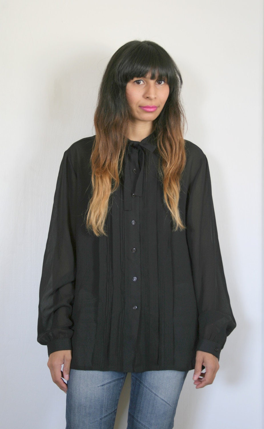 Beautiful Women's Black Bow Tie Black Blouse
