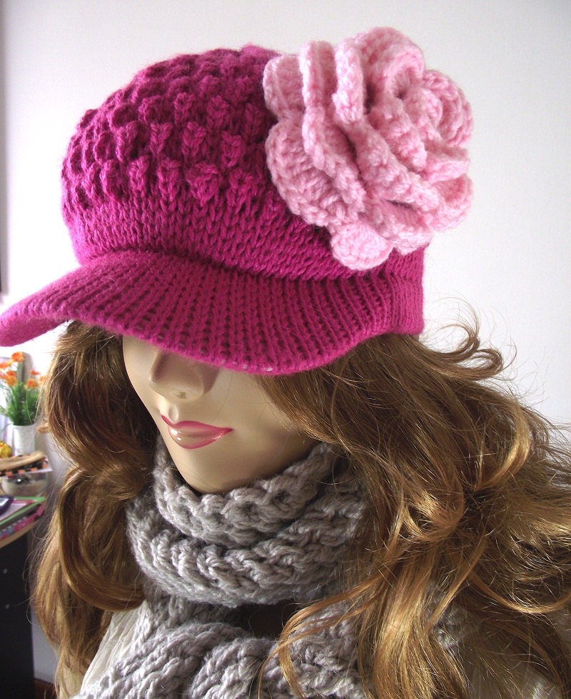 Crochet Newsboy Hat with Crochet Flower, Crochet Hat, Wool Slouchy Hat, Winter Woman Hat, Handmade