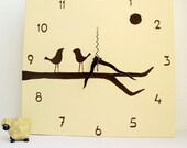 Wall clock- Hand painted on canvas-  birds on a branch-Chocolate and cream clock, kitchen clock