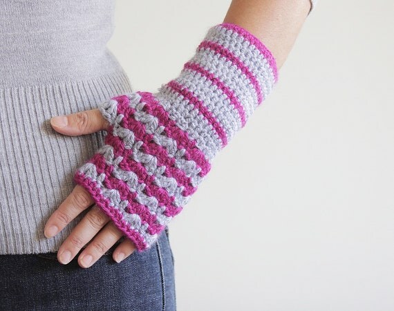 Fingerless Mitten - Hand crocheted gloves in Pink and Gray Wrist Warmers