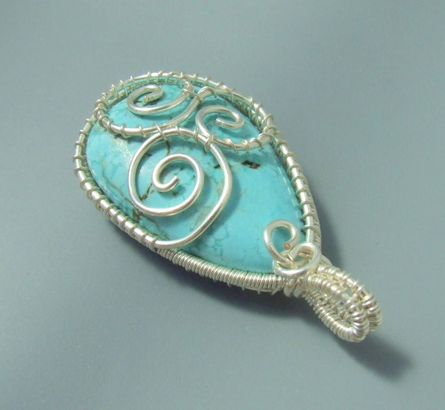 Turquoise howlite pendant, sea wave pendant, silver plated handmade jewelry