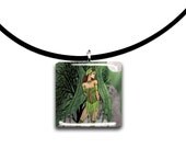 Under the full moon light, Envy, Burlesque fairy, fantasy art, glass tile pendant, ivy, green, moonlight, sexy, pinup