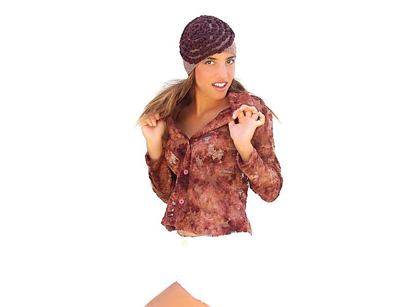 SALE. Crochet Hat  Beige  youth  adult , Oversized Beanie  with  dark brown ruches