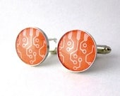 SALE Circuit Design Cufflinks -- Orange, Round Glass Domed