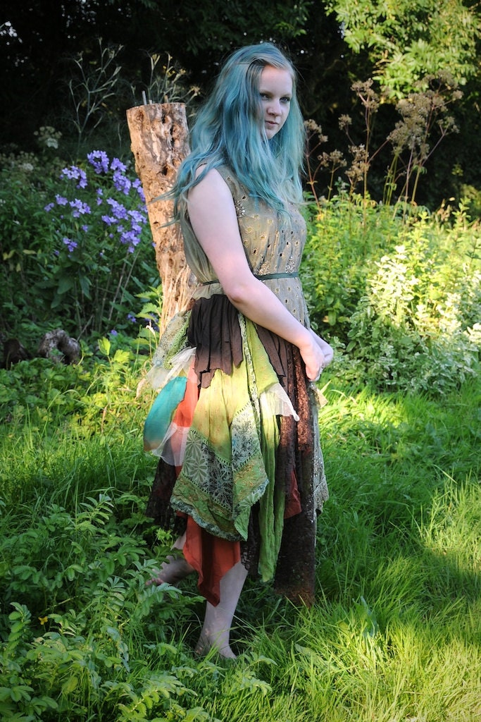 Woodland fairy dress Woodland wedding dress Green & brown silk chiffon lace Womens Fairy costume Size Large L