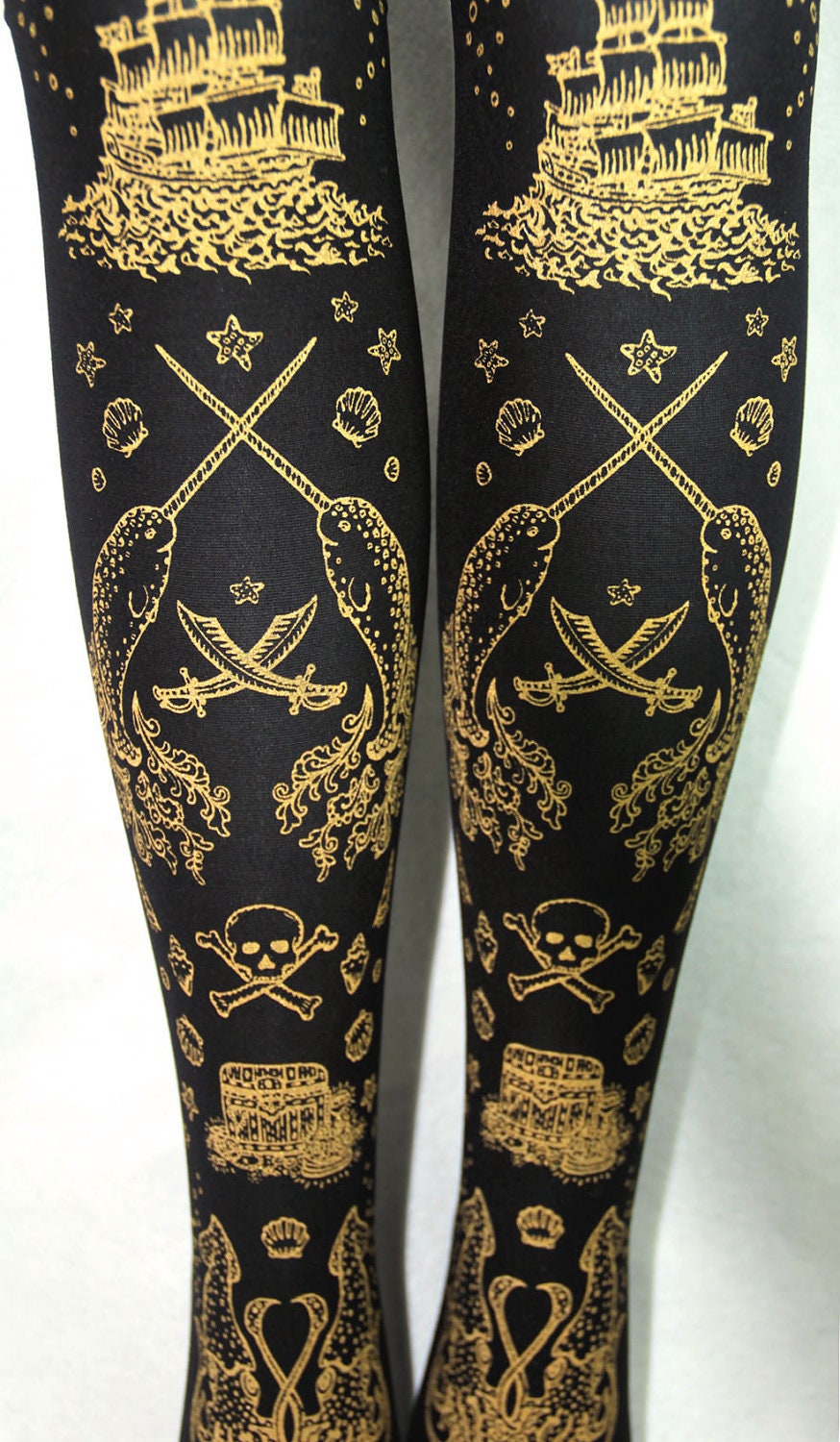 Pirate Printed XL Thigh High Stockings Gold on Black Extra Large Plus Size Womens Tattoo Narwhal