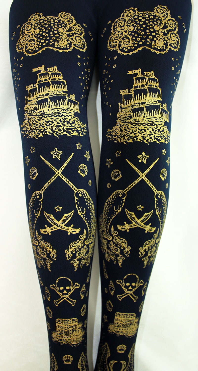 Pirate Tights Narwhals Small Medium Gold on Navy Blue Women Tattoo Sailor Nautical